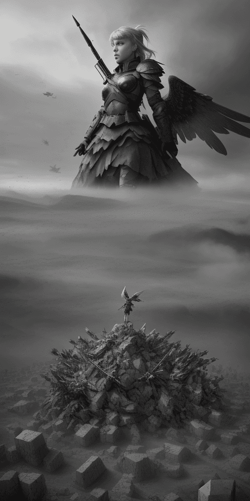 AI generated: an army of little valkyries will stand together against giant colorful skyfall crumbles , epic , 8k ...