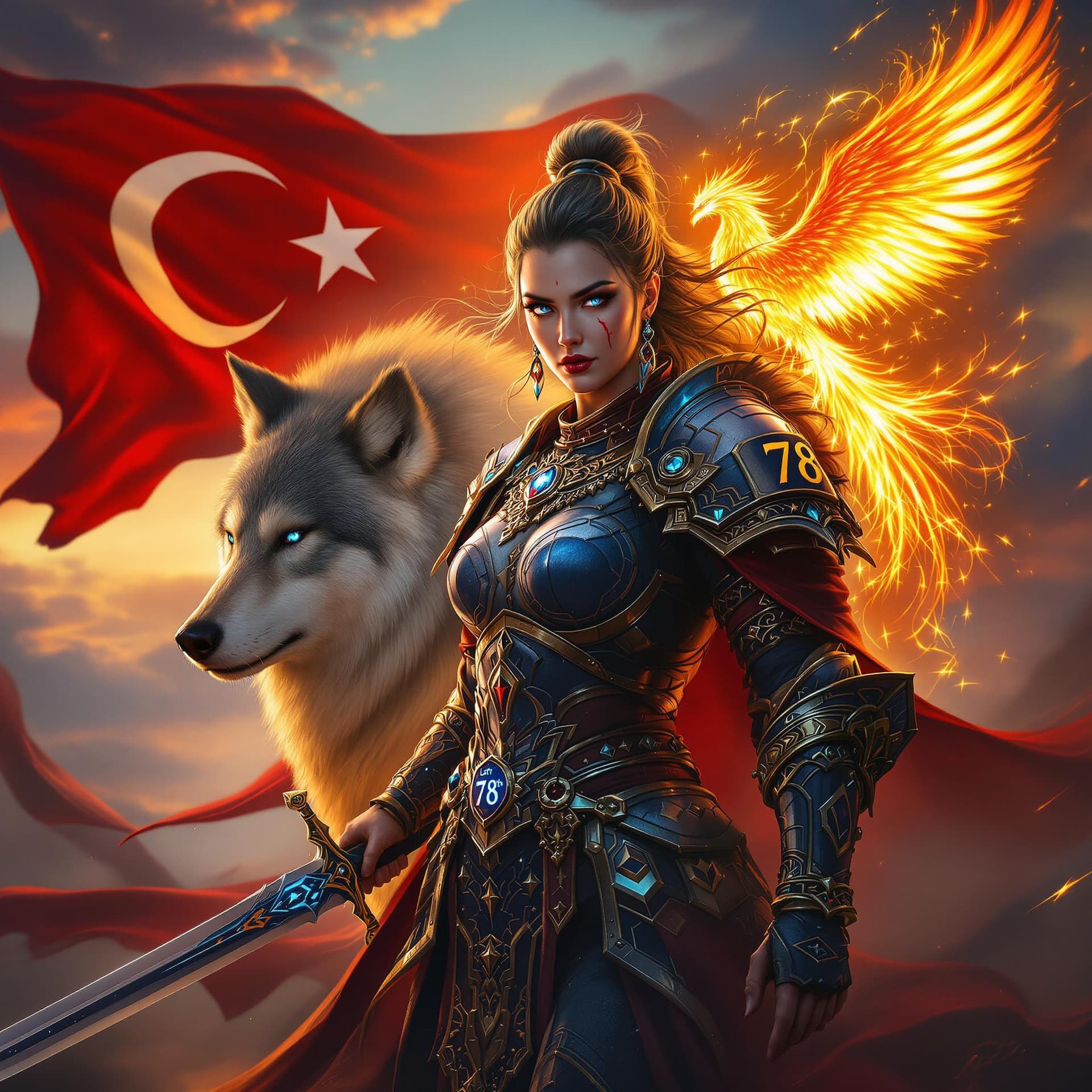 AI generated: A fierce lady warrior clad in traditional armor inspired by ancient Turkish mythology, holding a swo...