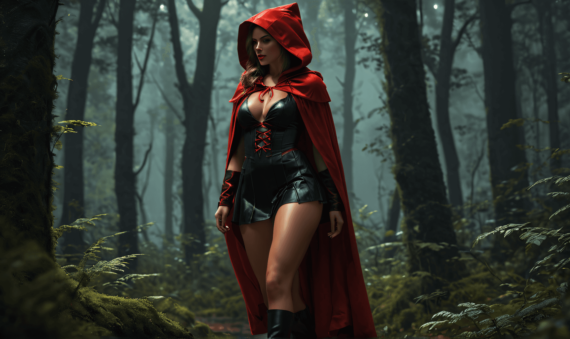 AI generated: red riding hood with black cloak the forest , perfect skin, posing on random style, side view , aest...
