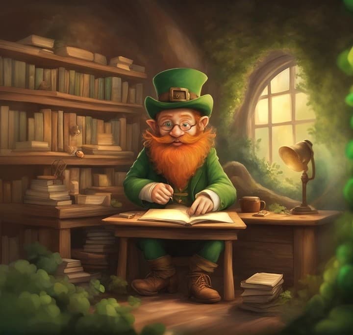 AI generated: a mischievous yet studious leprechaun is diligently preparing for an important exam. Set in a cozy a...