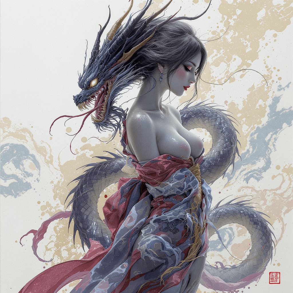 AI generated: A venomous girl, her body adorned with a water art form dragon, entwined with an abstract art style ...