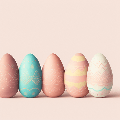 AI generated: Sumi-e one line image of three pastel colored decorated easter eggs. a soft Peach Fuzz background. H...
