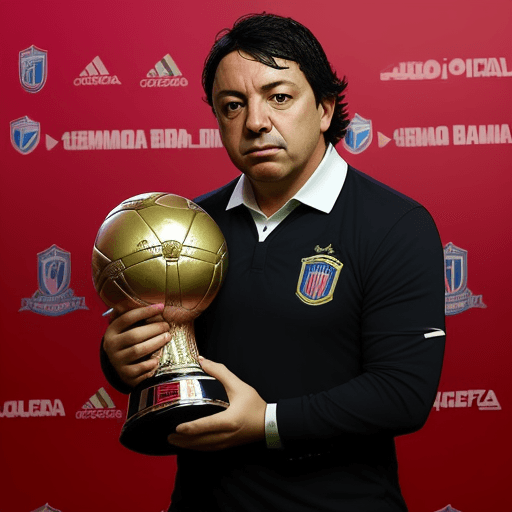 AI generated: una imagen de marcelo gallardo con la copa conmebol libertadores de américa