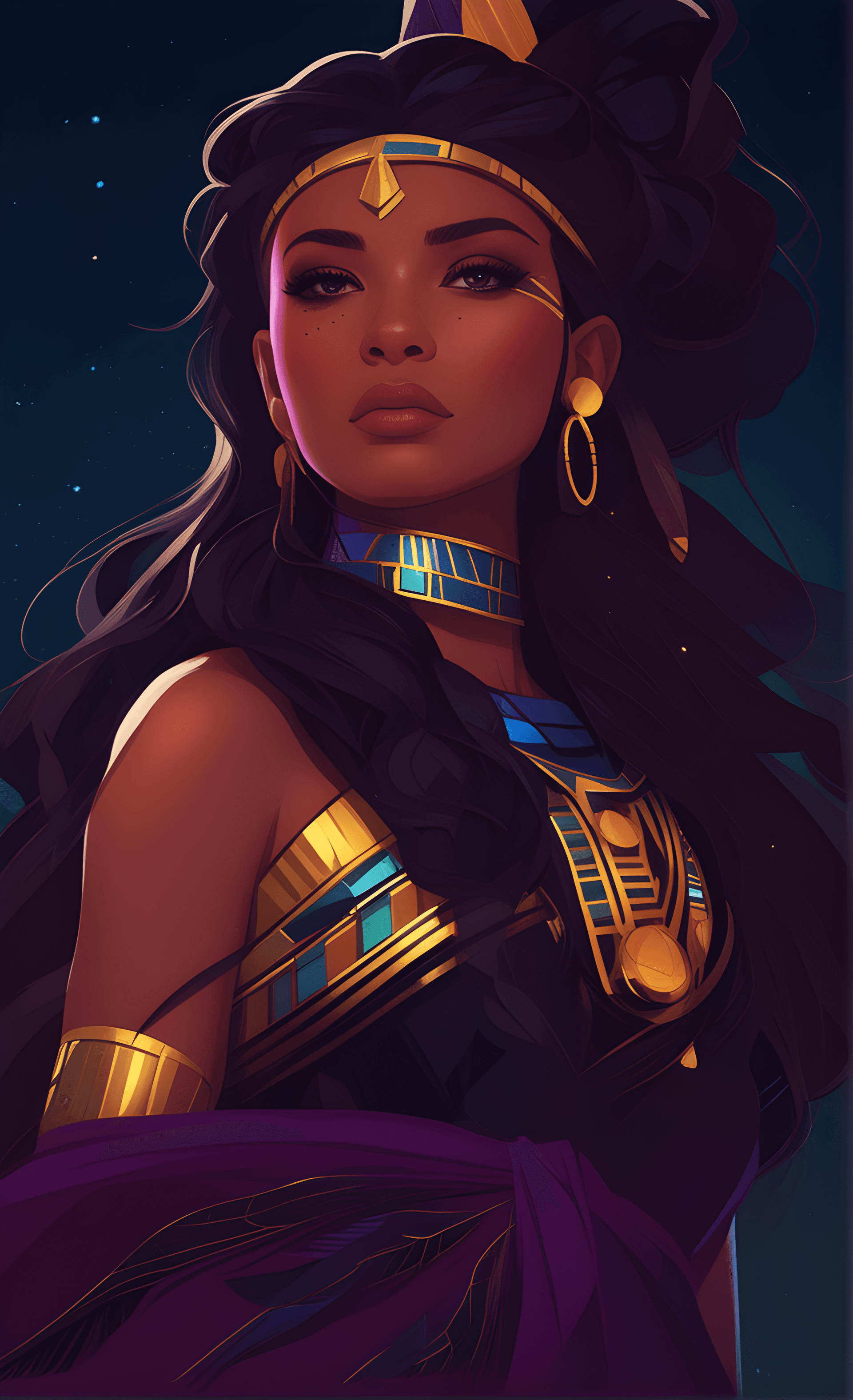 AI generated: a woman with long black hair wearing a purple dress, a character portrait, inspired by rossdraws, af...