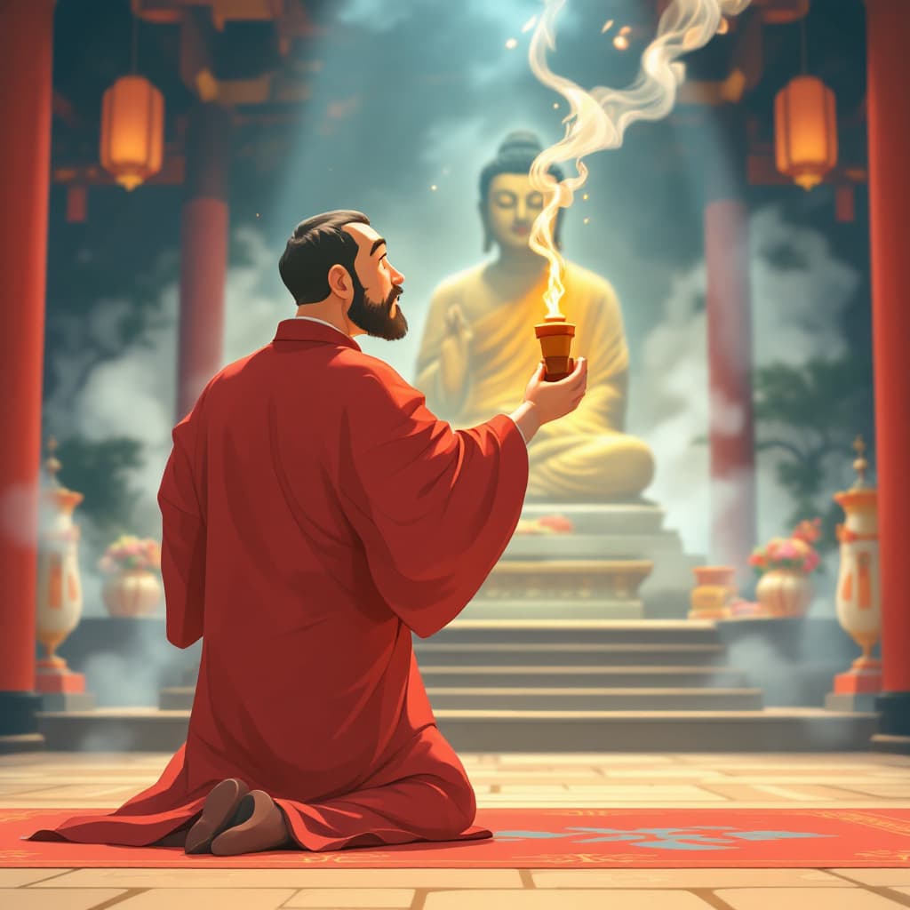 AI generated: A Japanese rendered animation depicts a Chinese Taoist priest holding a pillar of incense in both ha...