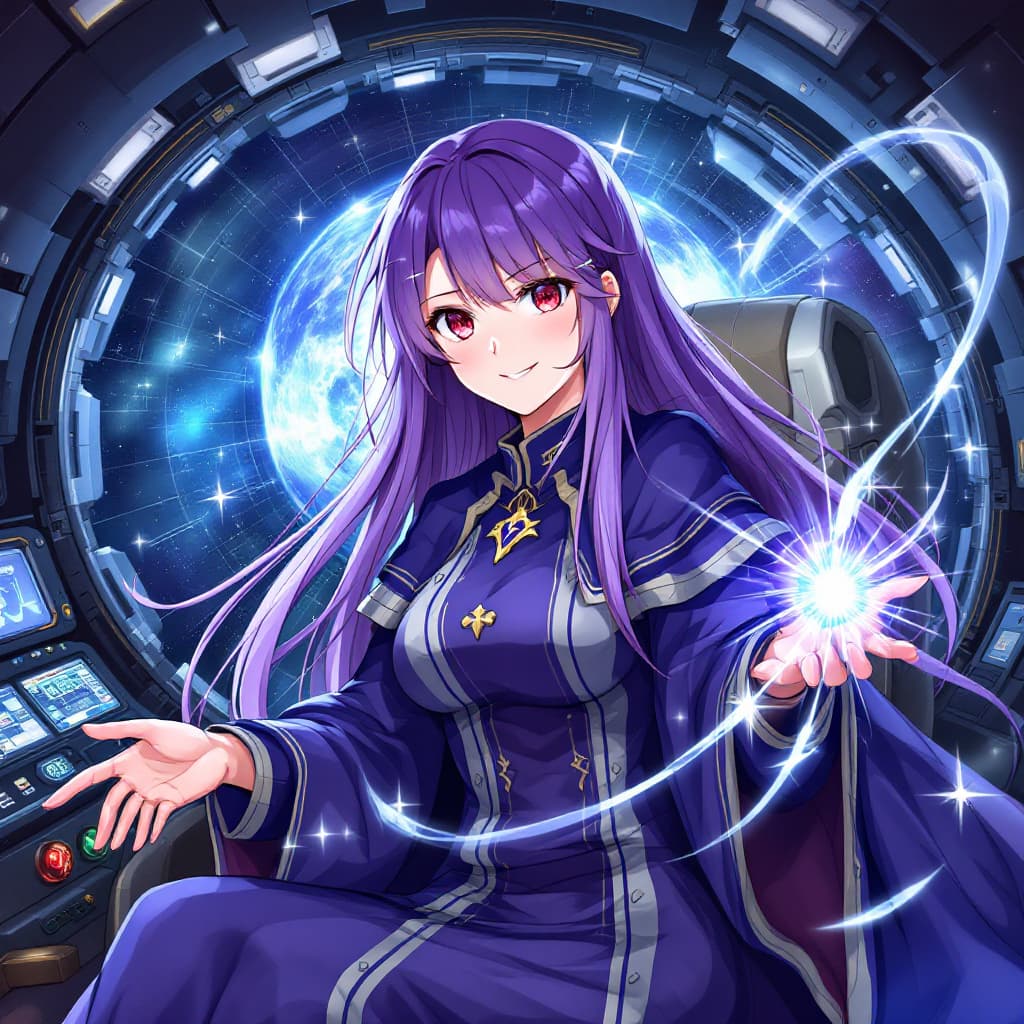 AI generated: anime style, masterpiece, best quality, 1girl, solo, long purple hair, red eyes, magical robe, casti...