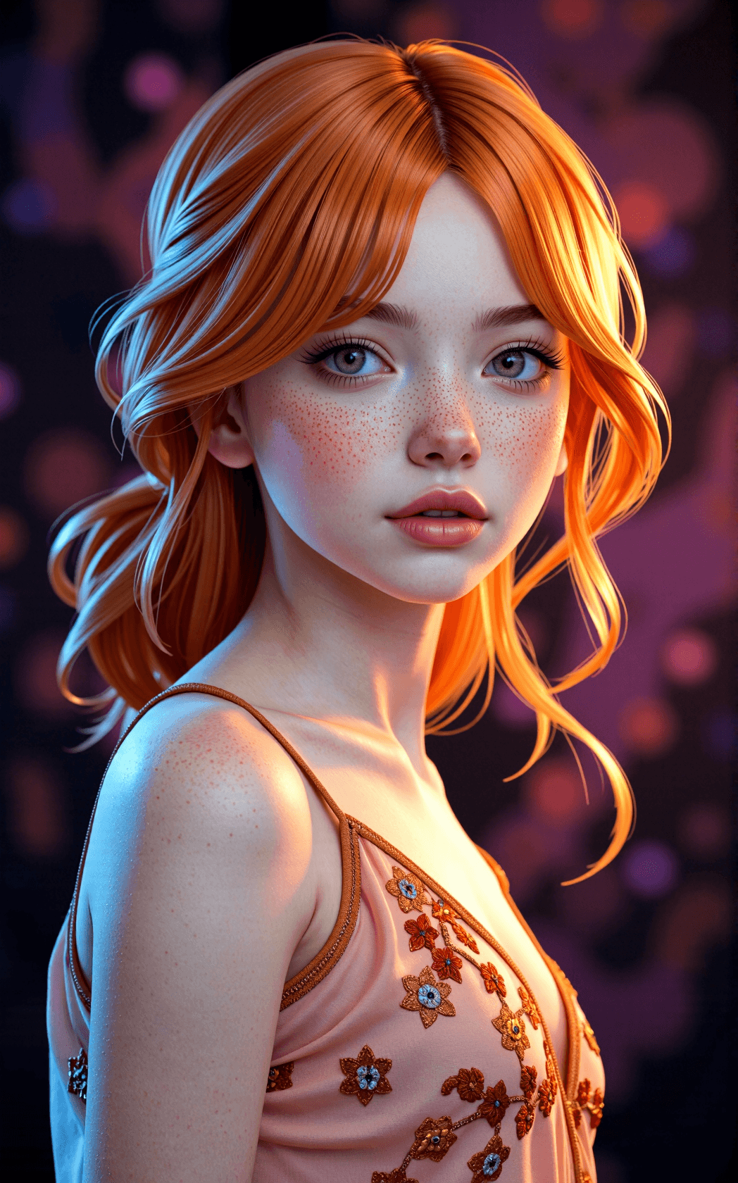 AI generated: A stunning portrait of a young woman with vibrant orange hair cascading in soft, loose waves over he...