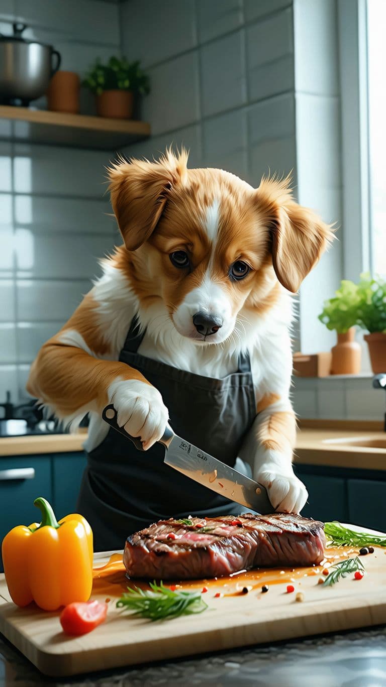 AI generated: Orange lazy cute dog fish is cutting a steak in the kitchen.