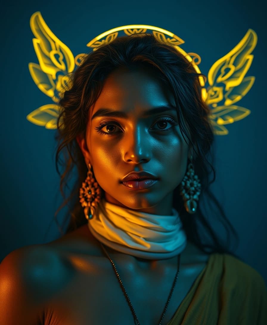 AI generated: A color-graded, cinematic portrait of an Indian woman, with a gold angel halo over the head, in the ...