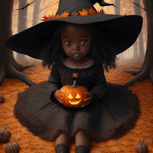 AI generated: a cute and adorable toddler girl dark skin and curly black hair, wearing a witch hat in a halloween ...