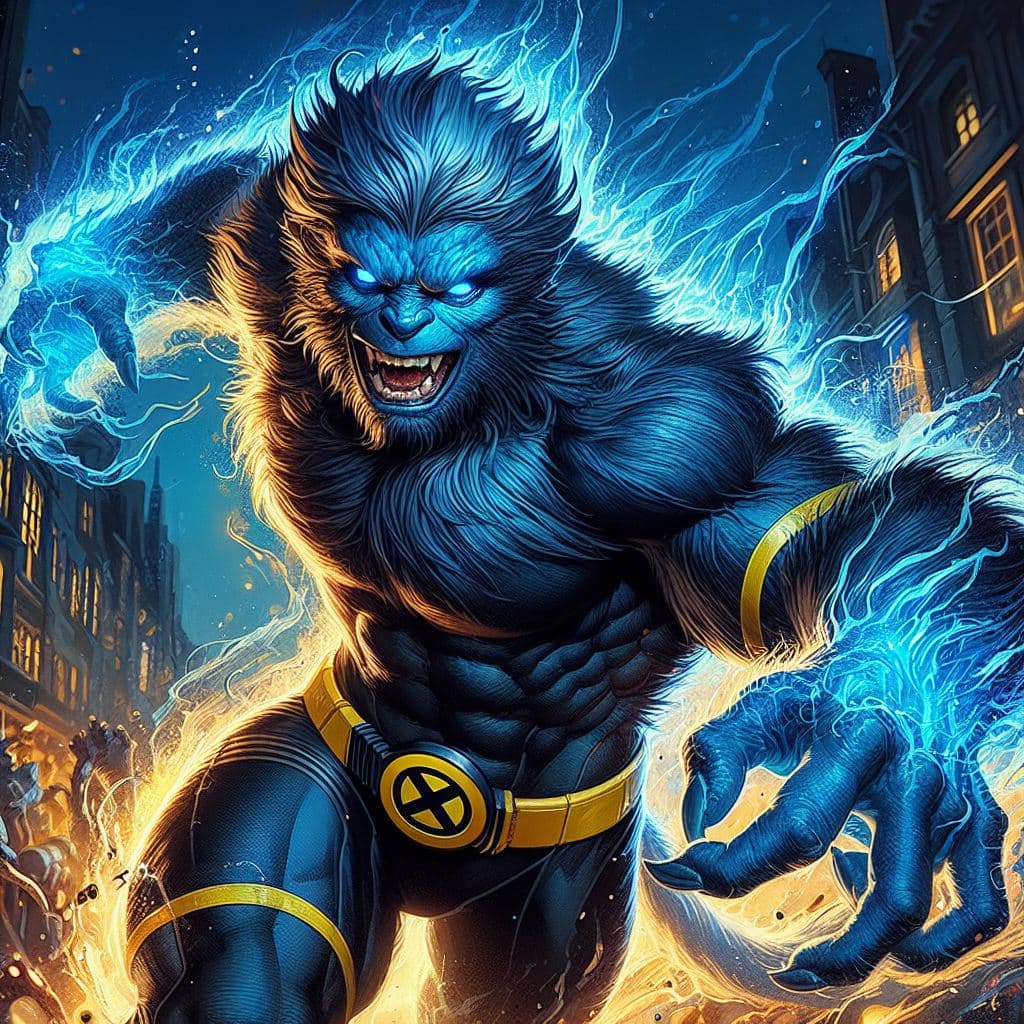 AI generated: painterly style, comic book character ,hank mccoy X-men named The Beast, blue aura around him, highl...