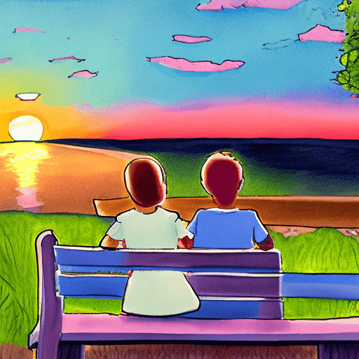 AI generated:  doodle image of girl and boy sitting on bench and staring at the sky on beautiful sunset.