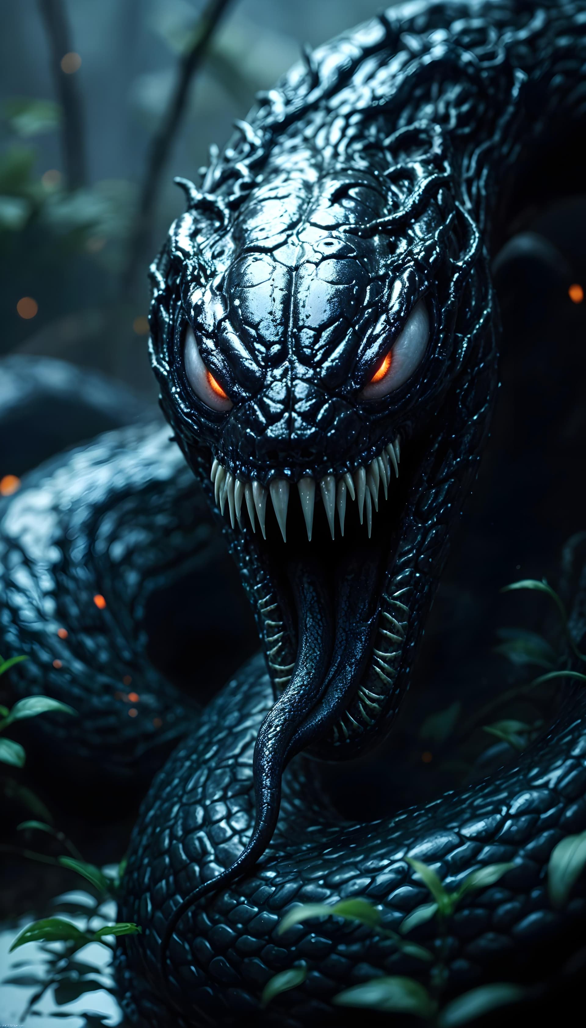 AI generated: Envision a large, predatory snake overtaken by the Venom symbiote, in a hyper-realistic style as see...