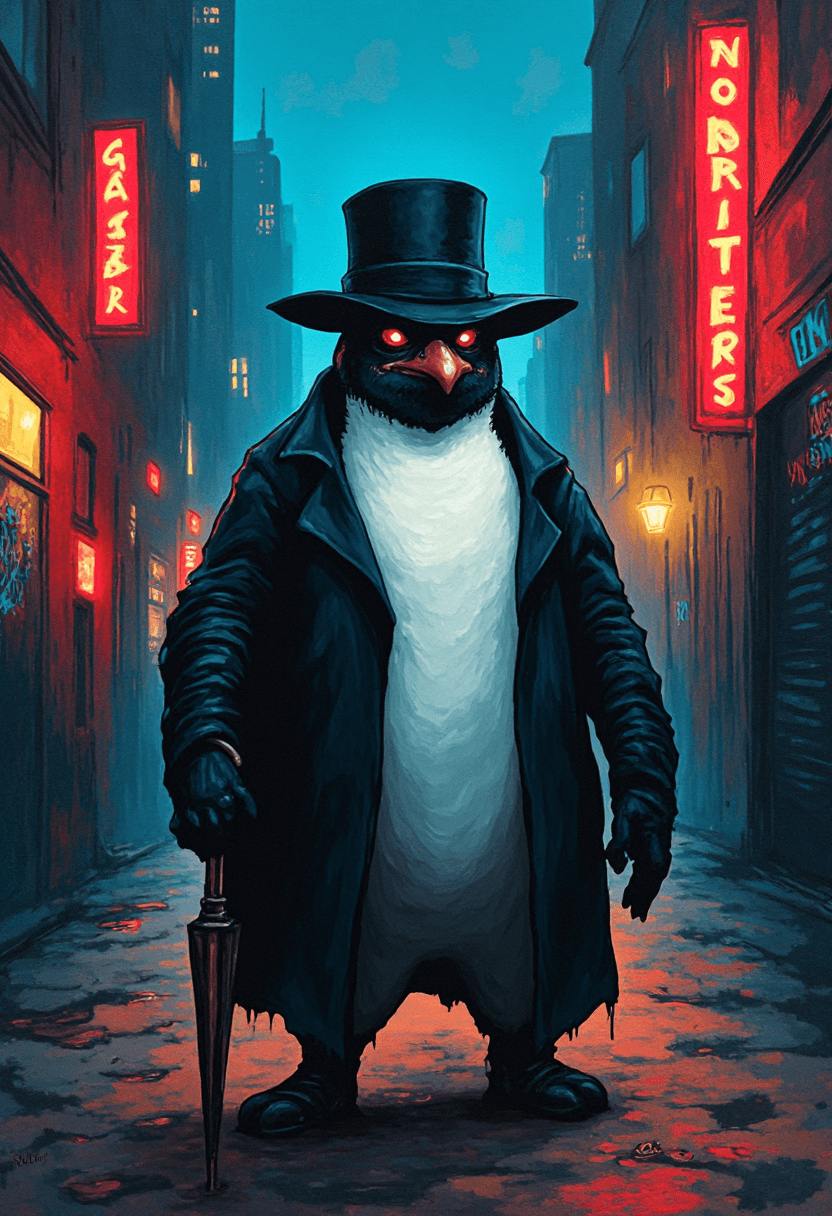AI generated: A graffiti-style depiction of a penguin in Gotham City, painted with bold, vibrant strokes and dripp...