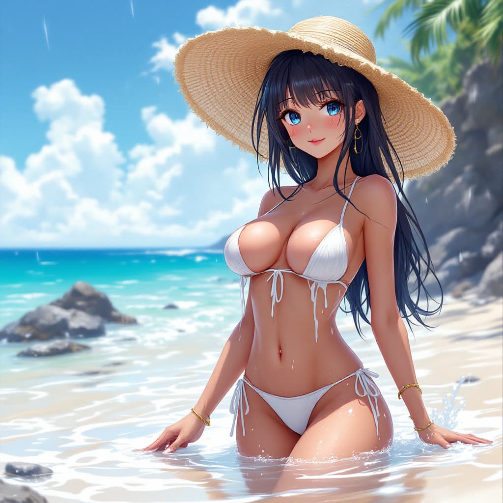 AI generated: Anime girl, in a beach, wearing a bikini, big chest, wet