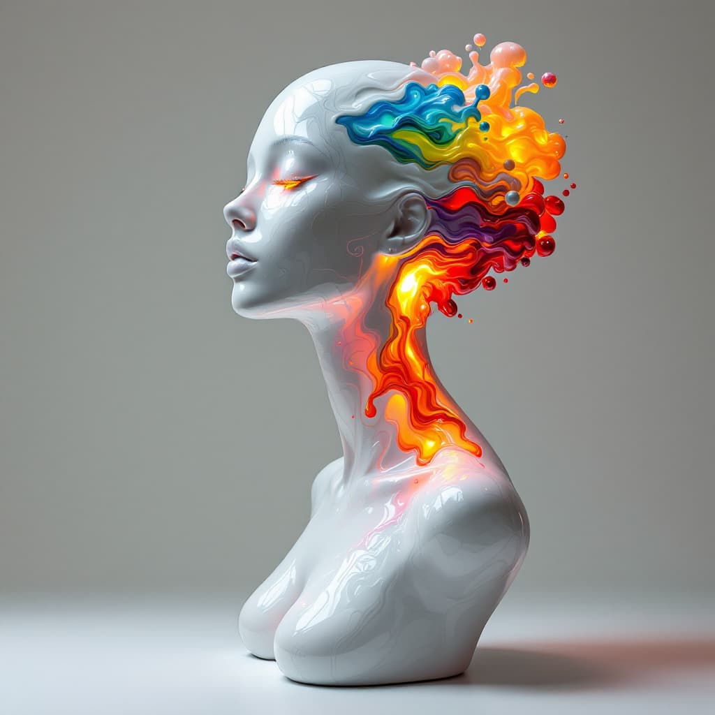 AI generated: A captivating, high-contrast, vibrant, and glowing sculptural body from torso to head, presented in ...
