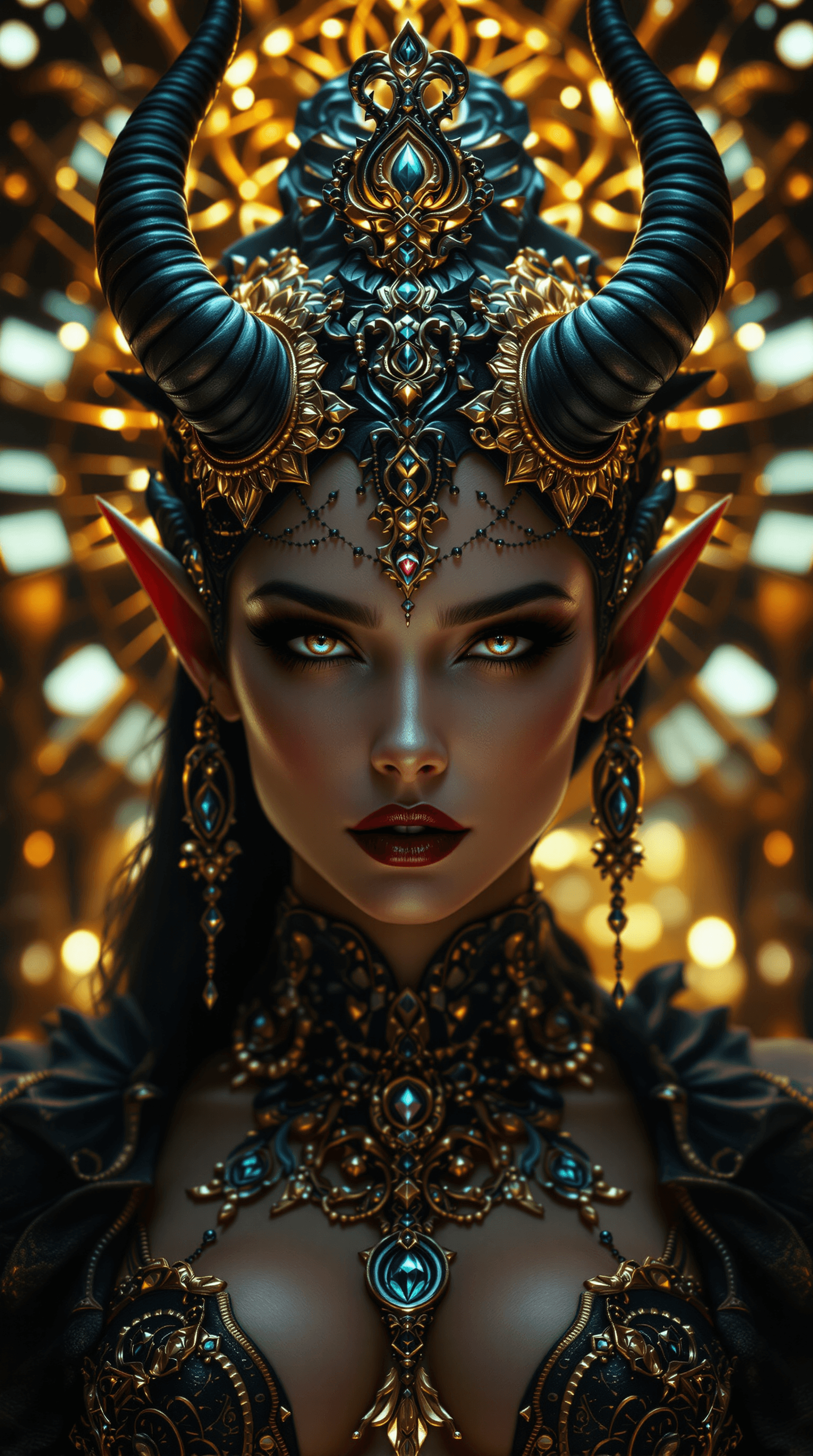AI generated:  A regal, hyper-realistic lycanthrope lady with pointed ears, adorned in intricate, ornate accessori...