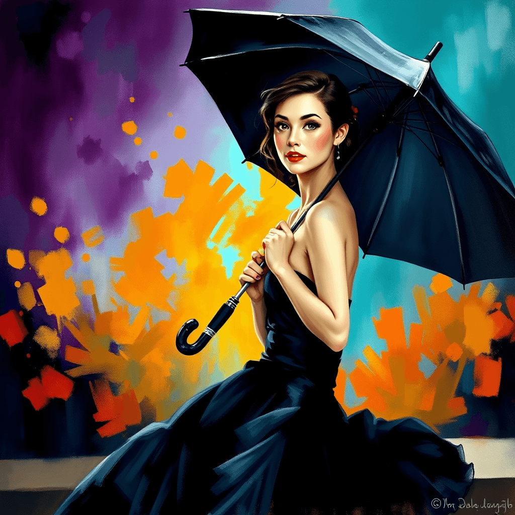 AI generated: An exquisite impressionist painting of a woman holding a black umbrella, set against a moody and dra...
