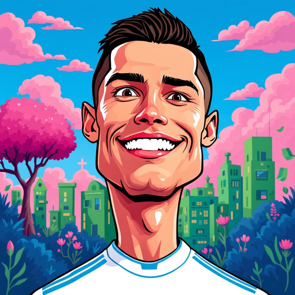 AI generated: Bold cartoon illustration of a [Cristiano Ronaldo
]; exaggerated facial features, thick outlines, an...