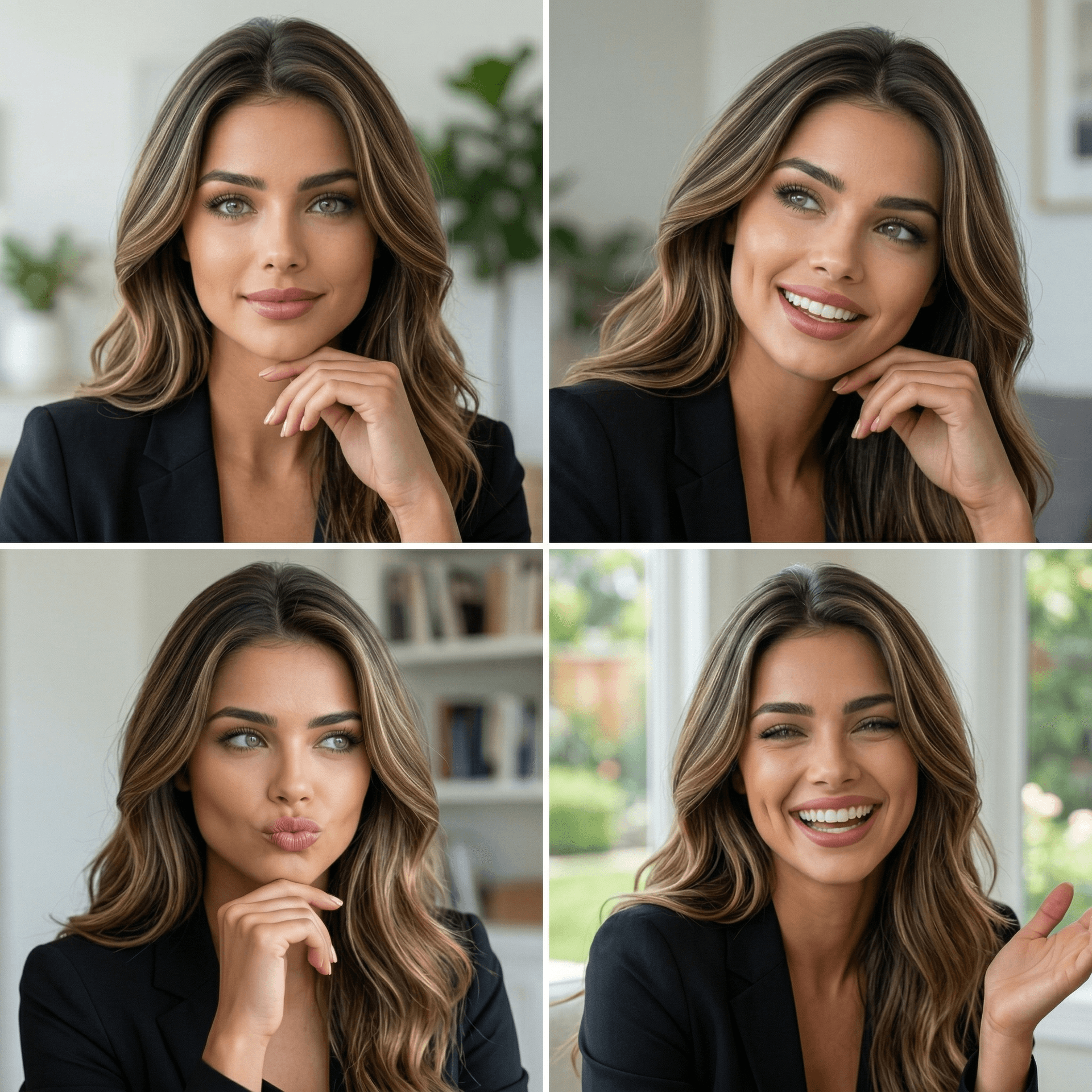 AI generated: 4 exactcly consistant tiny variations of facial expressions and head position typical of a video con...