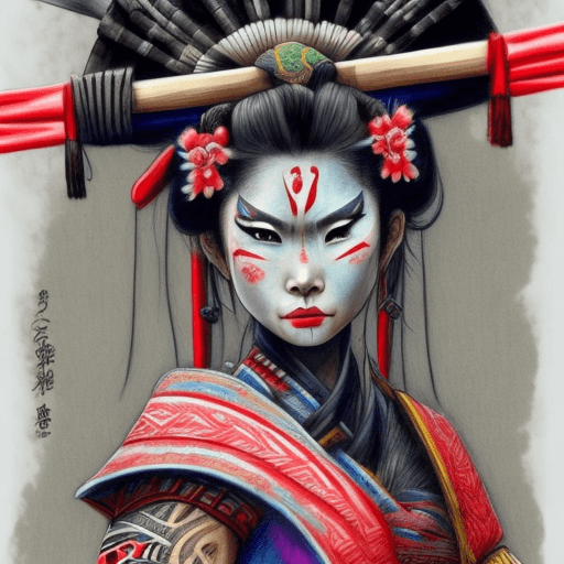 AI generated: A colored-pencil art of a beautiful Aztec geisha ninja warrior.  Highly detailed. In the style of Ag...
