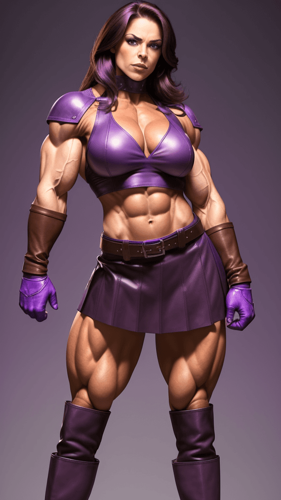 AI generated: Laura Winters as strong muscular woman, toned biceps, wears purple Leather skirt, purple Leather Glo...