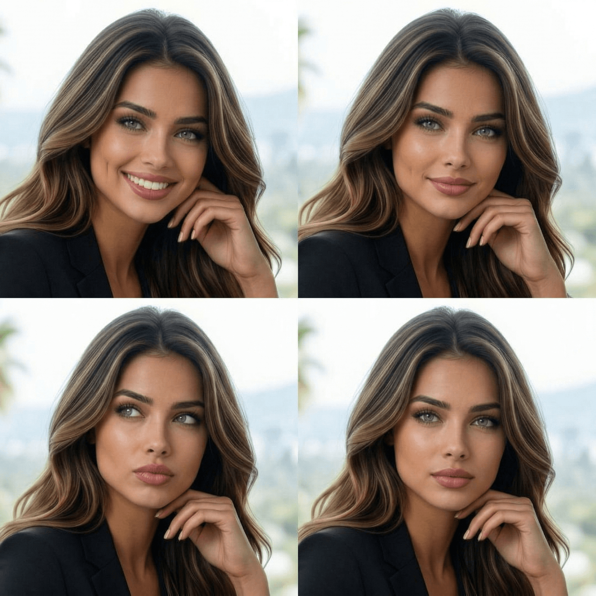 AI generated: 4 exactcly consistant tiny variations of facial expressions and head position typical of a video con...