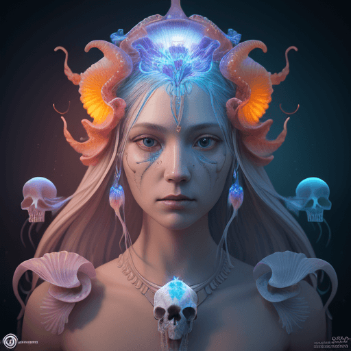 AI generated: Goddess close-up portrait ribcagel. jellyfish phoenix head, nautilus, orchid, skull, betta fish, bio...