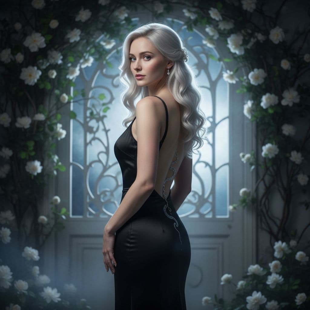 AI generated: A strikingly elegant young female stands in a dark, moody, ethereal setting. Her pale skin contrasts...
