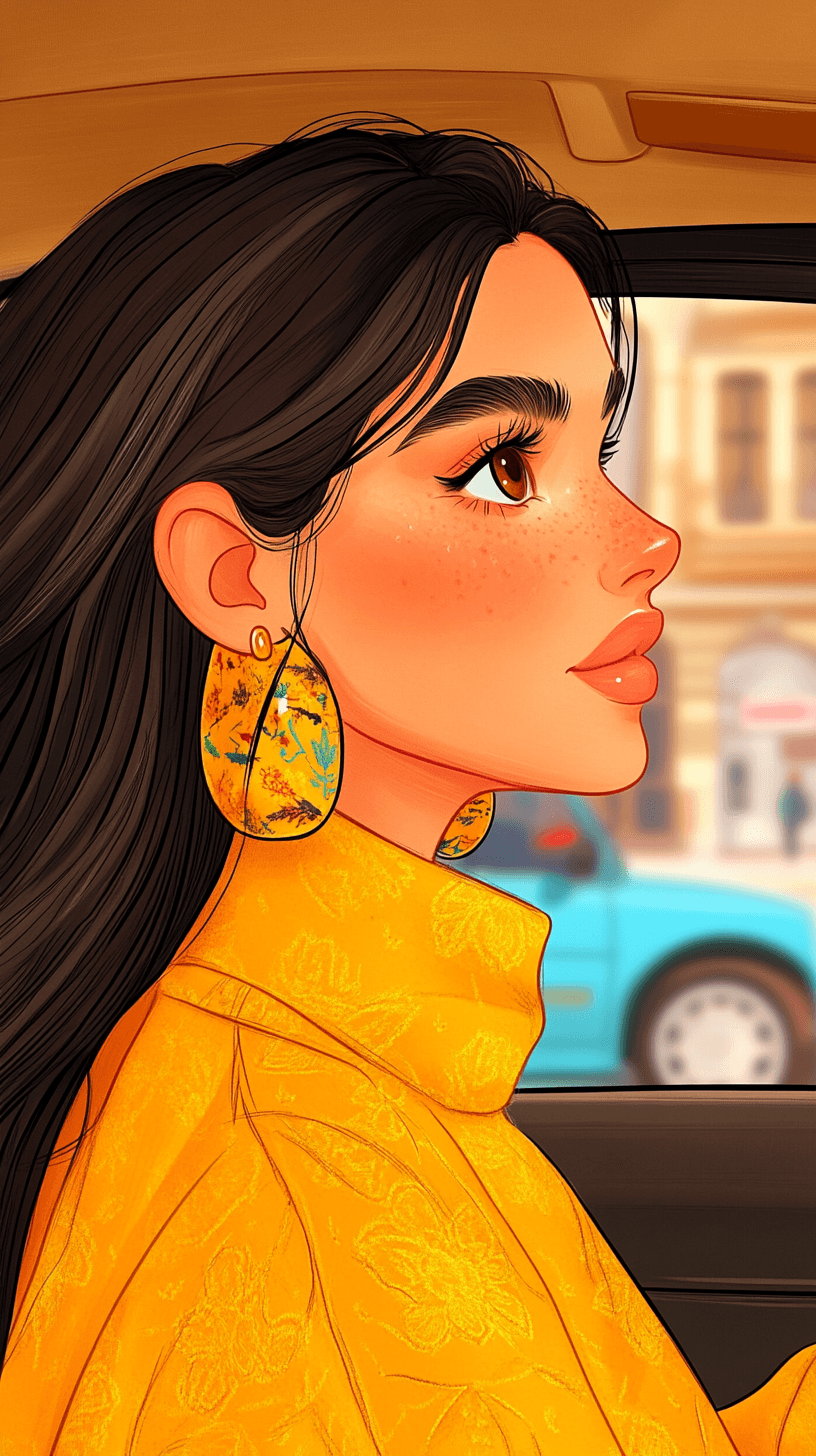 AI generated: A hand-drawn illustration of a woman with long black hair, riding in a car, cartoon feel, urban stre...