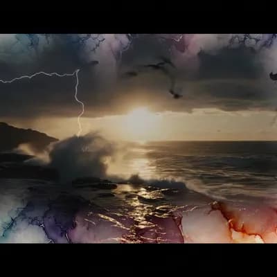 AI generated video: smooth fluid animation, dynamic action, haunting cries of seabirds, lightning, sun rising  breaking ...