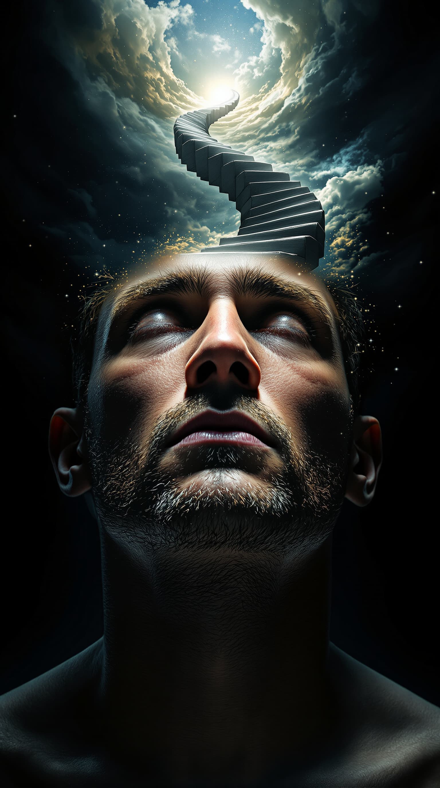 AI generated: realistic male face at a 3/4 turn view, the top of his head morphs into a spiral staircase that lead...