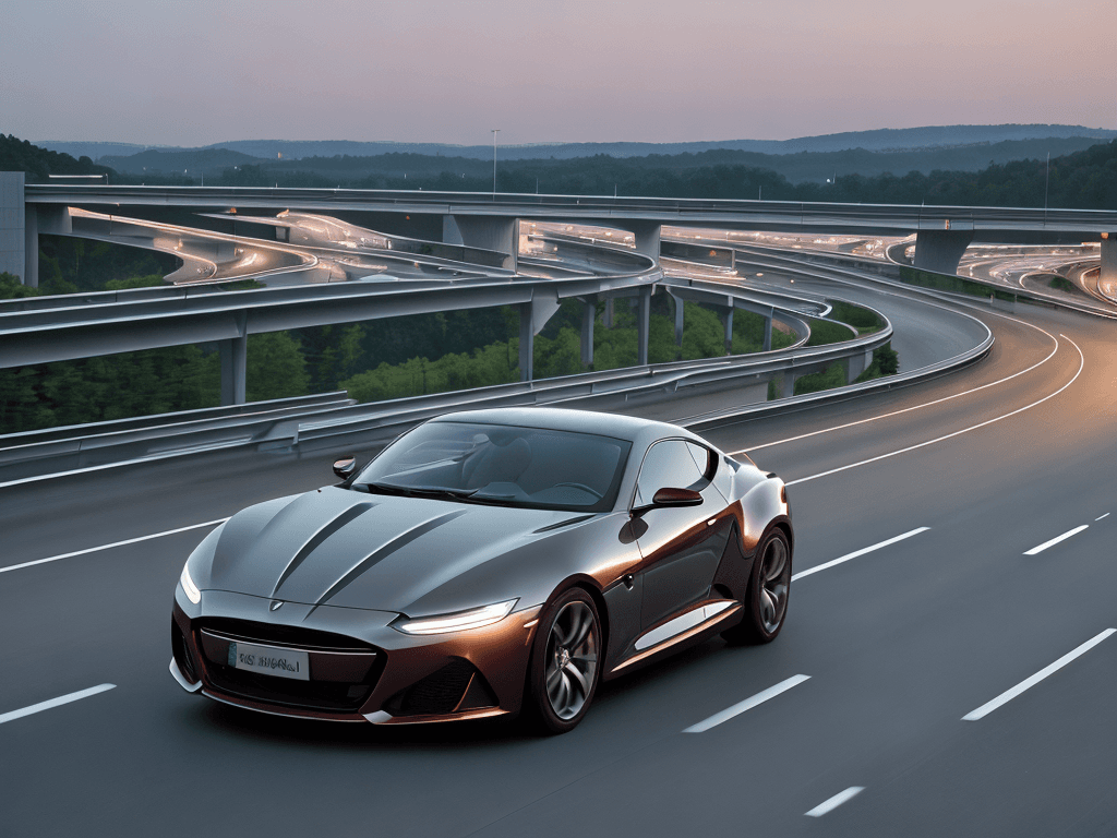AI generated: A beautiful modern car driving down the autobahn at dusk