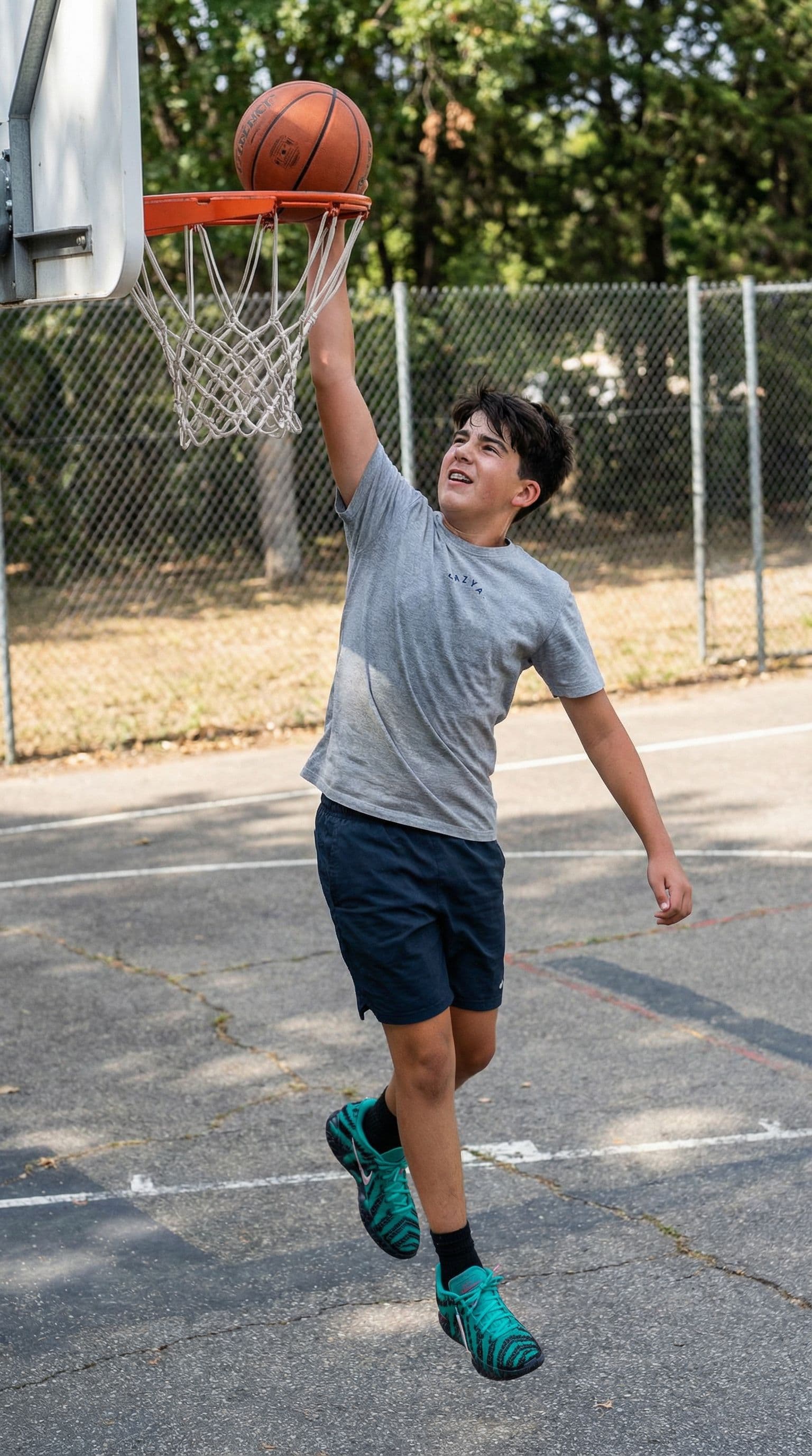 AI generated: the boy dunks in a basketball court wearing the referenced shoes