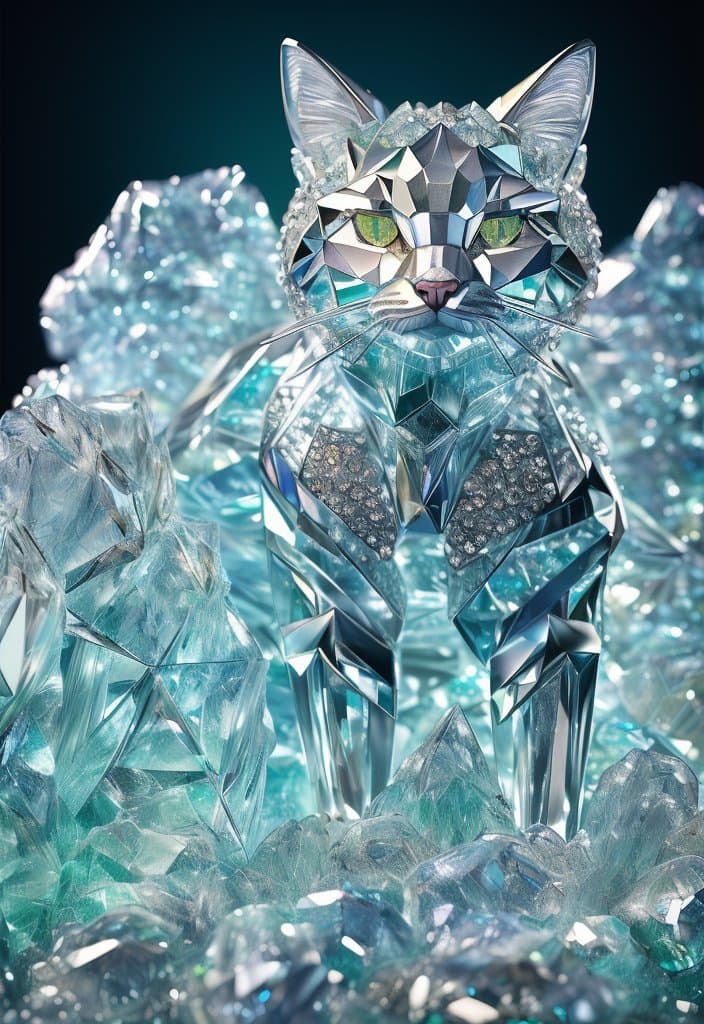 AI generated: a close up of a cat (made from a many cristal fragmrnts:1.2), (crystal cubism:1.2), with green eyes,...