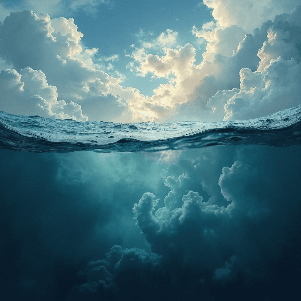 AI generated: underwater hypnotic composition of underwater clouds, clouds underwater, parallax layers, trompe-l'œ...