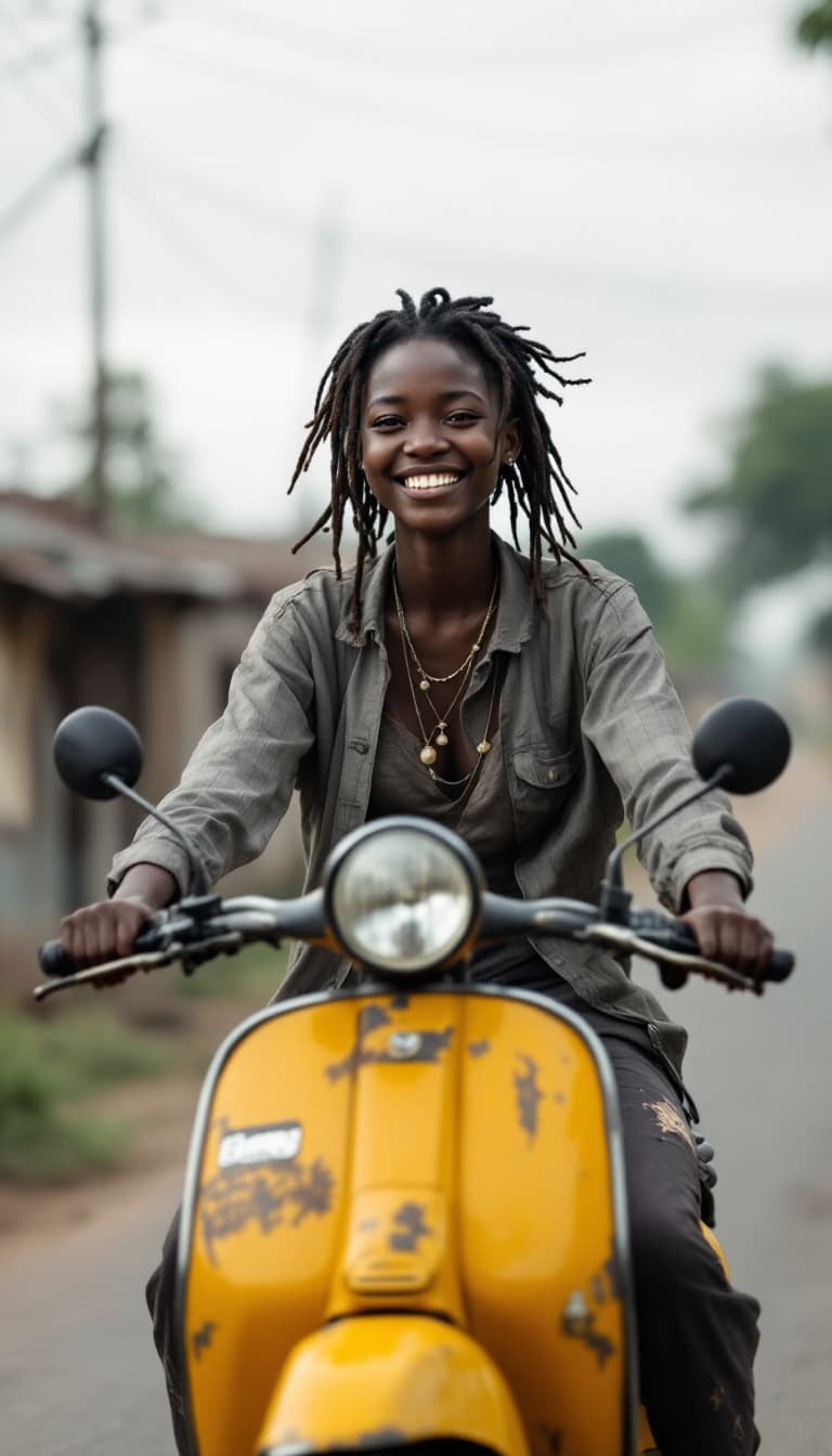 AI generated: Etwa 13 Jahre Junges afrikanisches Mädchen lächelnd auf einem sehr alten verbeulten Moped fährt über...