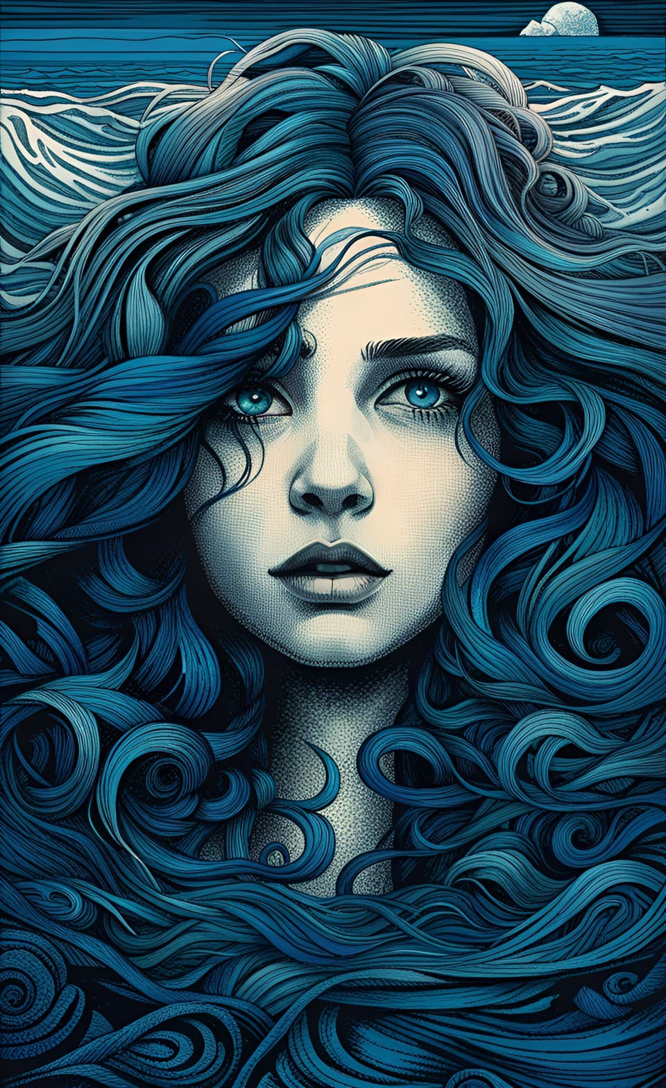 AI generated: Beautiful girl with long blue wavy hair, bright blue eyes, calm facial expression, soft pale skin, b...