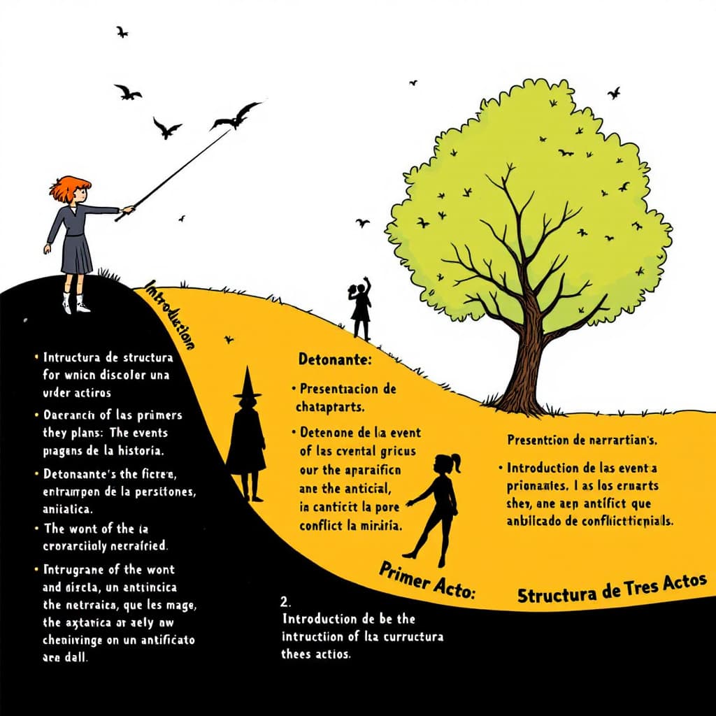 AI generated: Dame una ilustración de una representación de la esctructura de tres actos, te pongo como ejemplo la...