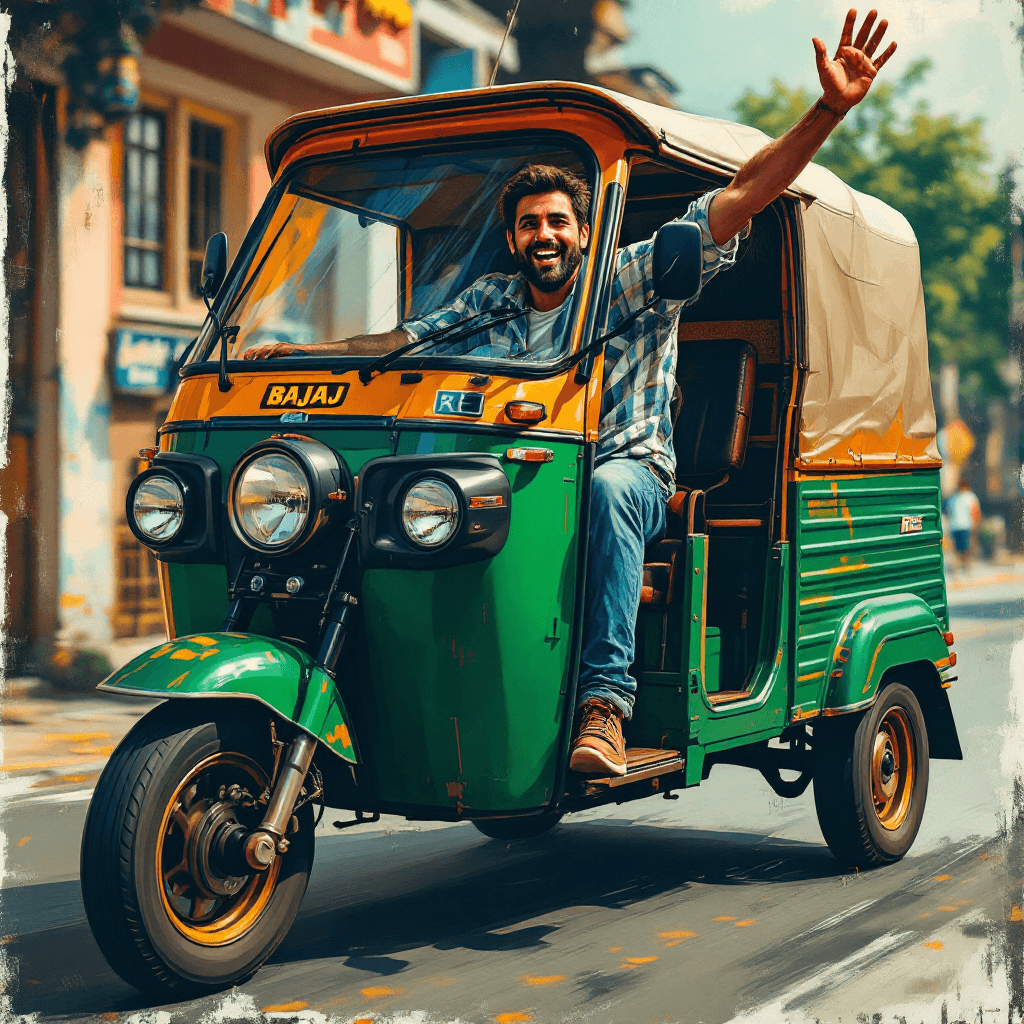 AI generated: 
A masterpiece best quality, UHD, 4K, wide shot of a BAJAJ RE three wheel model unit and a painted i...