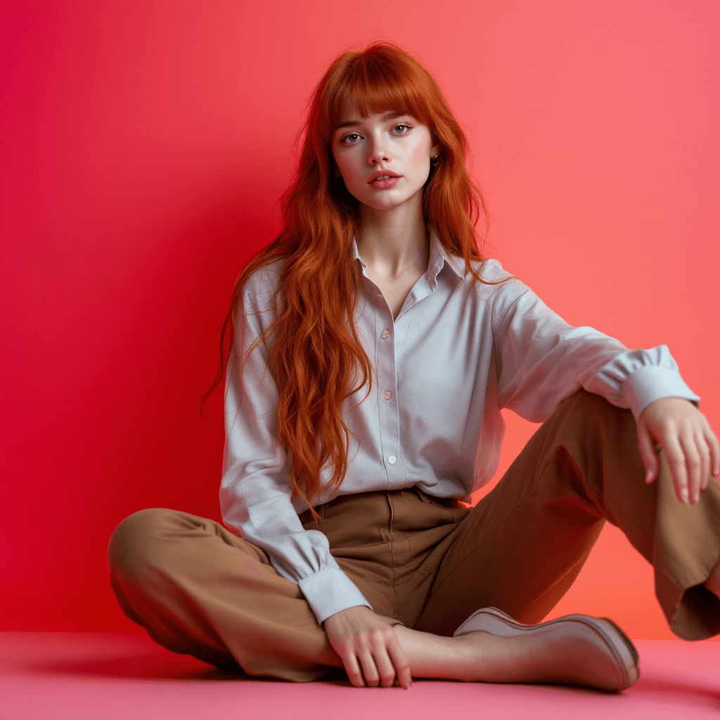 AI generated: Wide and low angle, cinematic fashion photography for the Uniqlo brand. Woman, redhead 
 20 years ol...