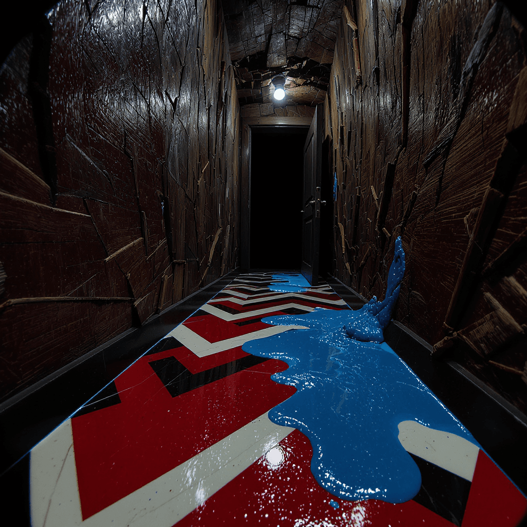 AI generated: Composition:

Distorted Perspective: A fisheye or forced perspective looking down a narrow, oppres...