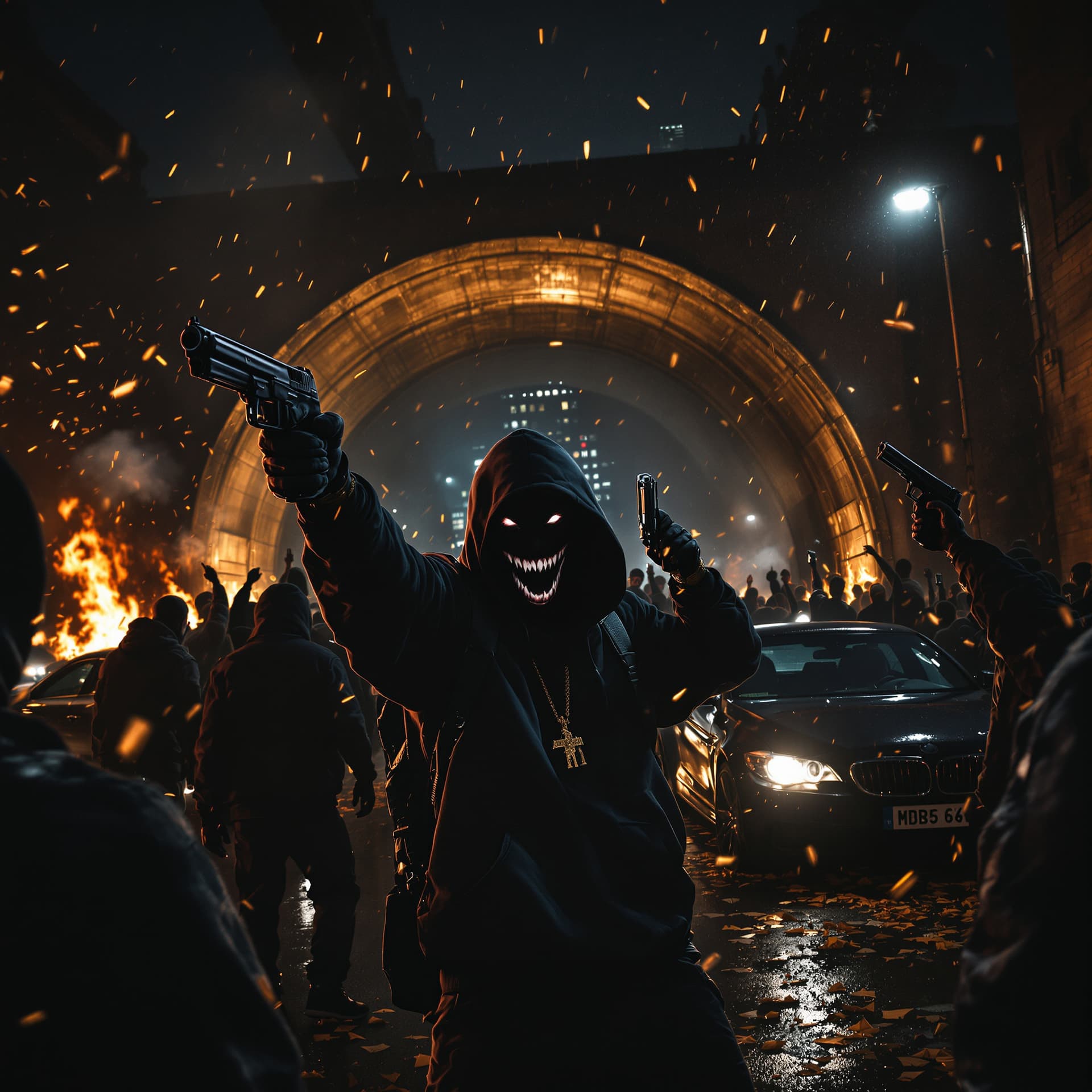 AI generated: a mob of black hip hop men wearing hoodies and hip hop gear, you can't see their faces but you can s...