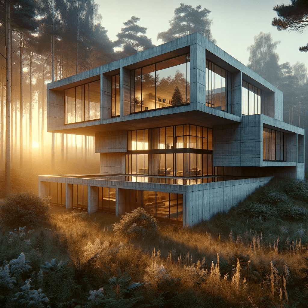 AI generated: A realistic photo of a house in brutalist style, where the walls are predominantly made of windows. ...