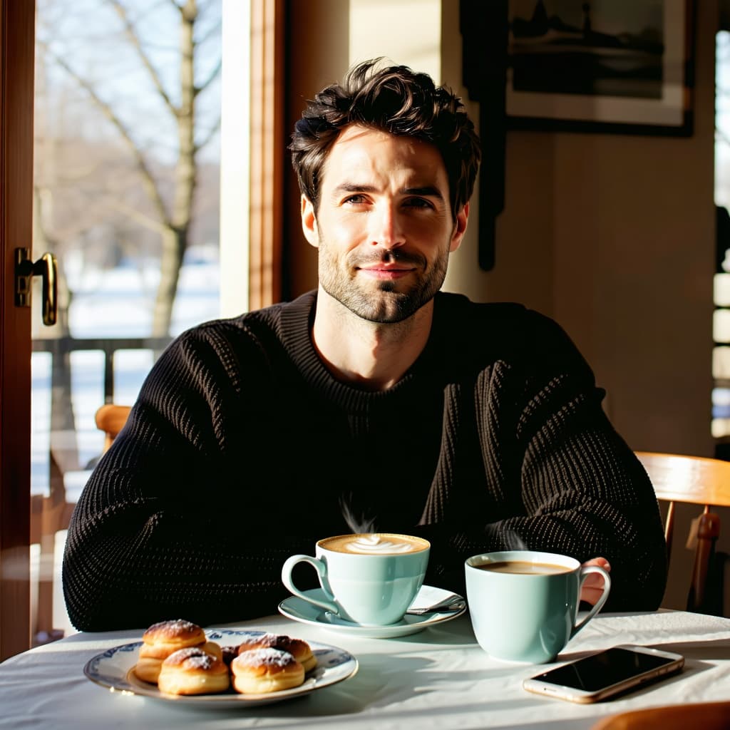 AI generated: Portrait of a mid-30s man enjoying breakfast at a cozy dining table, cinematic, photorealistic, shor...