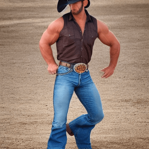 AI generated: realistic muscular cowboy with brown curly shoulder length mullet jeans with a big bulge oval belt b...