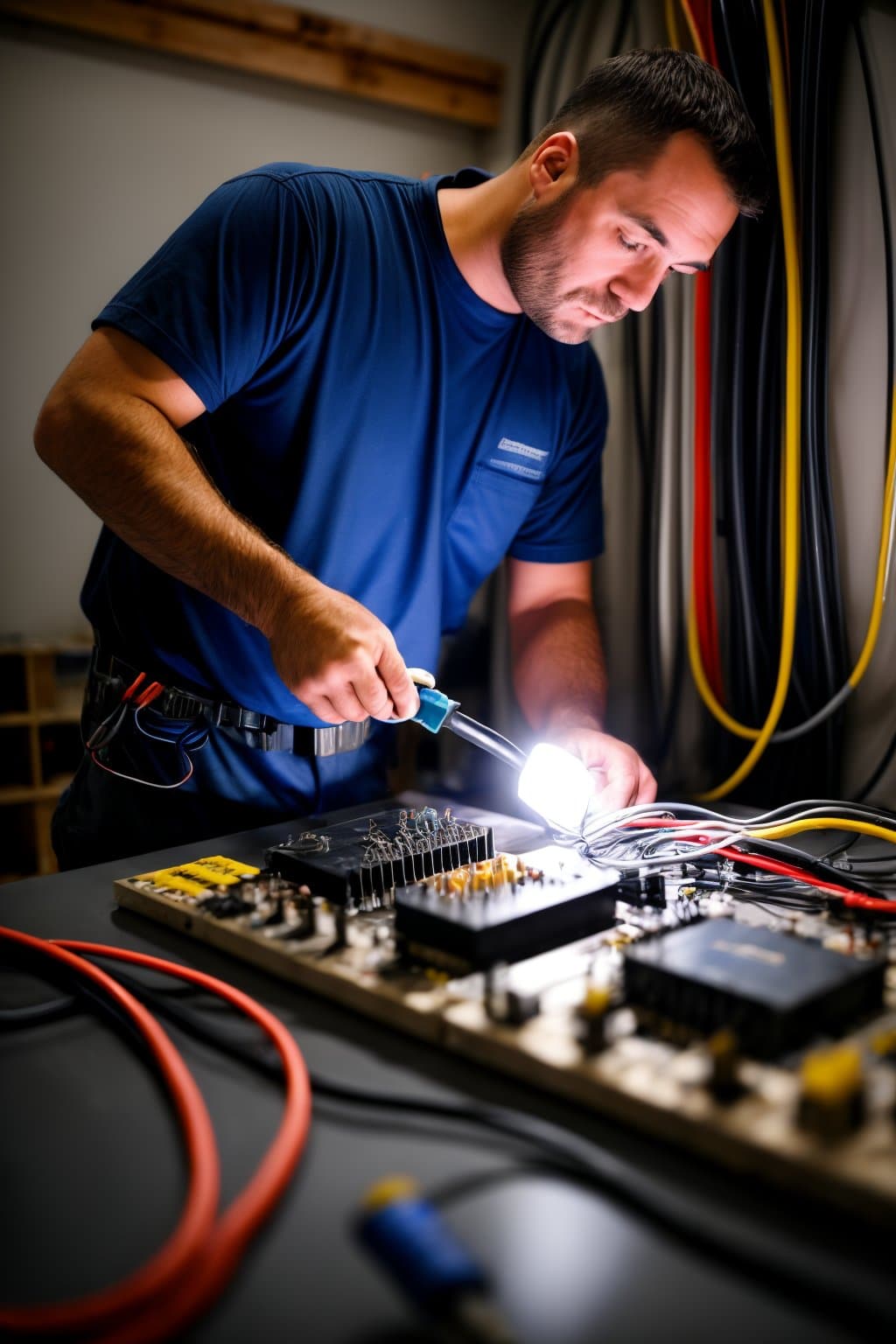 AI generated: photo of an electrician technician indoors working on an electrical board, <lora:add_detail:0.4> <lo...