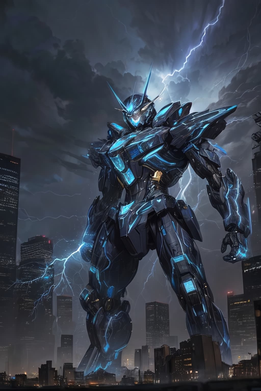 AI generated: blue and black,<lora:0.7>,Glowing particles,lightning,thunder,electric,(mecha),<lora:0.7>,(Urban bac...