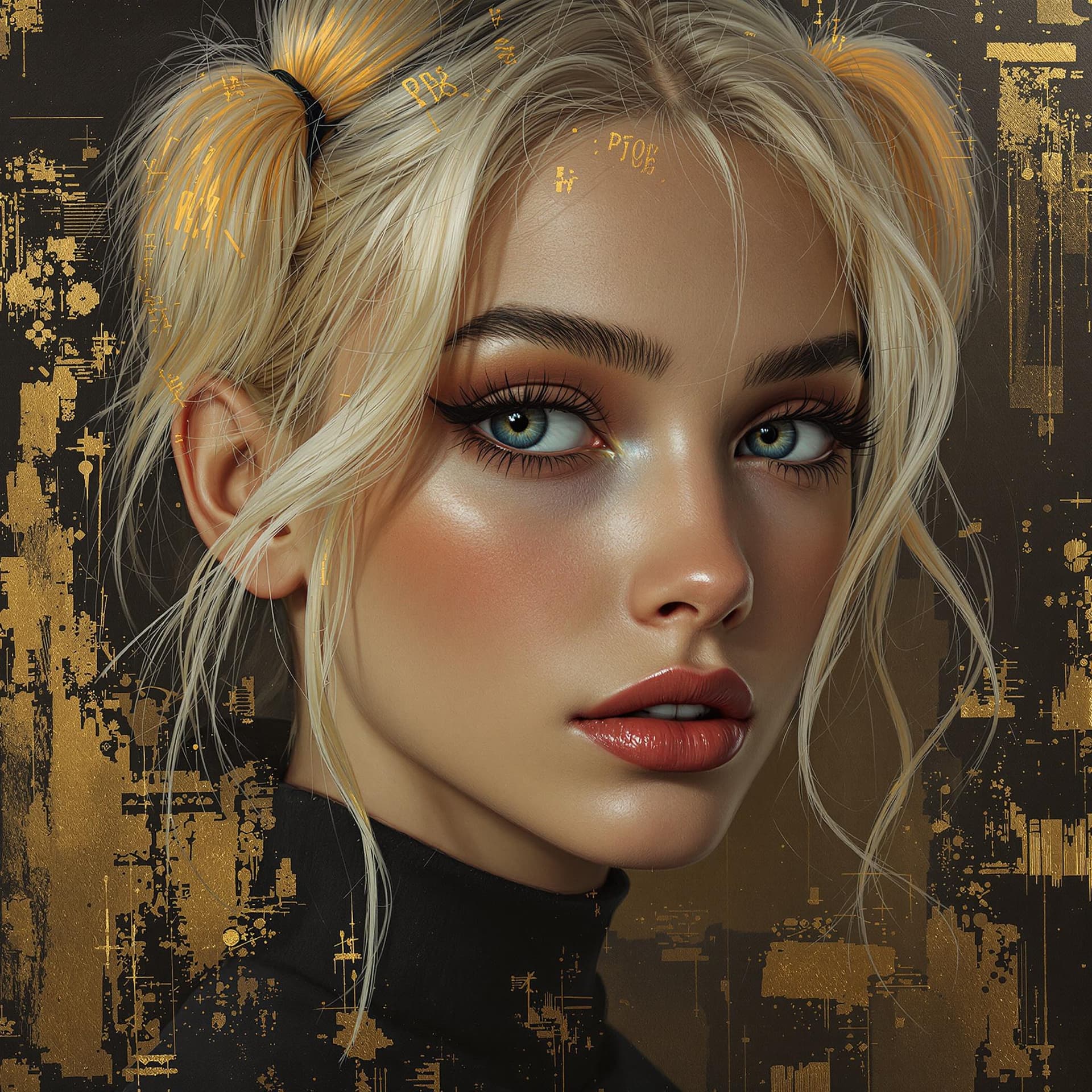 AI generated: Hyper realistic eye level exterior photo of a  a young woman 17yr with pomny tails blonde neon hair ...