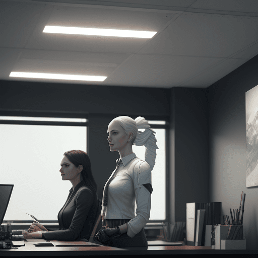 AI generated: white people talking in office . octane render, trending on artstation,t symmetrical artwork. cinema...